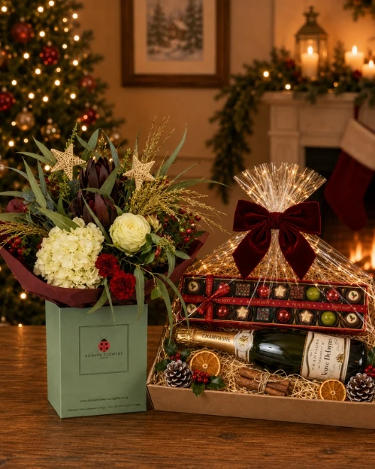 Christmas Carol Bouquet of Flowers Festive Family Hamper with Champagne Christmas Carol Bouquet of Flowers Festive Family Hamper with Champagne