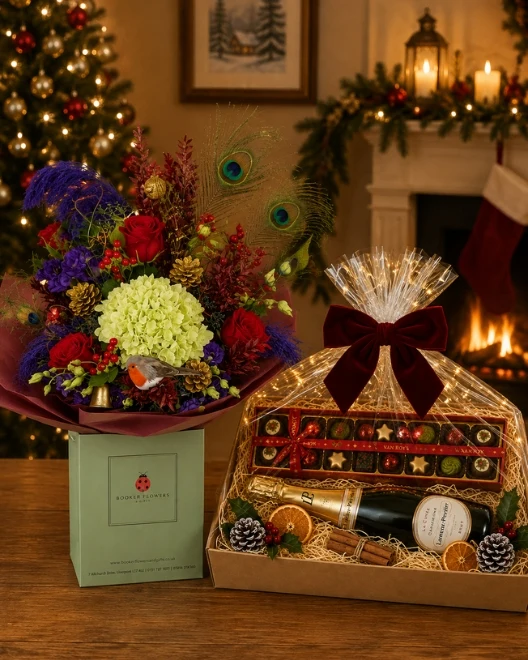 Tinsel Town Christmas Floral Handtied and Luxury Chocolates and Champagne Hamper Tinsel Town Christmas Floral Handtied and Luxury Chocolates and Champagne Hamper