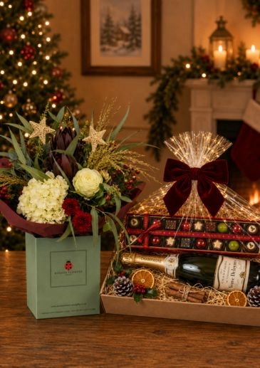 Christmas Carol Bouquet of Flowers Festive Family Hamper with Champagne