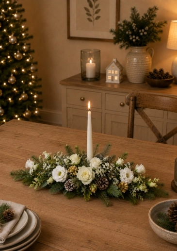 Christmas White Rose and Pine Cone Candle Table Centrepiece Arrangement