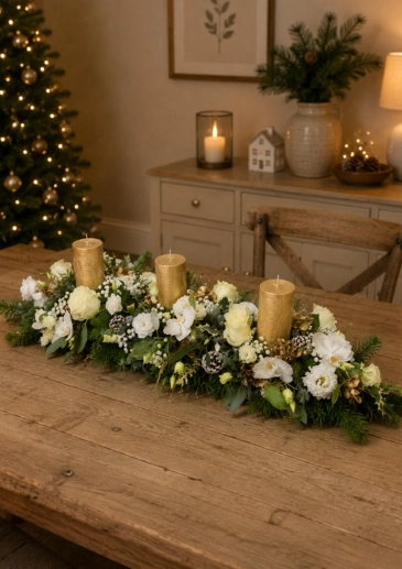 Luxury Enchanted Glow Long Christmas Table Arrangement with Gold Candles