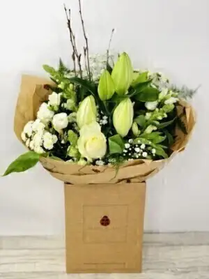 Valentines White Rose and Lily Handtied