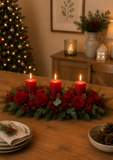 Yuletide Fireside Berries and Rose Christmas Oasis Flower Centrepiece